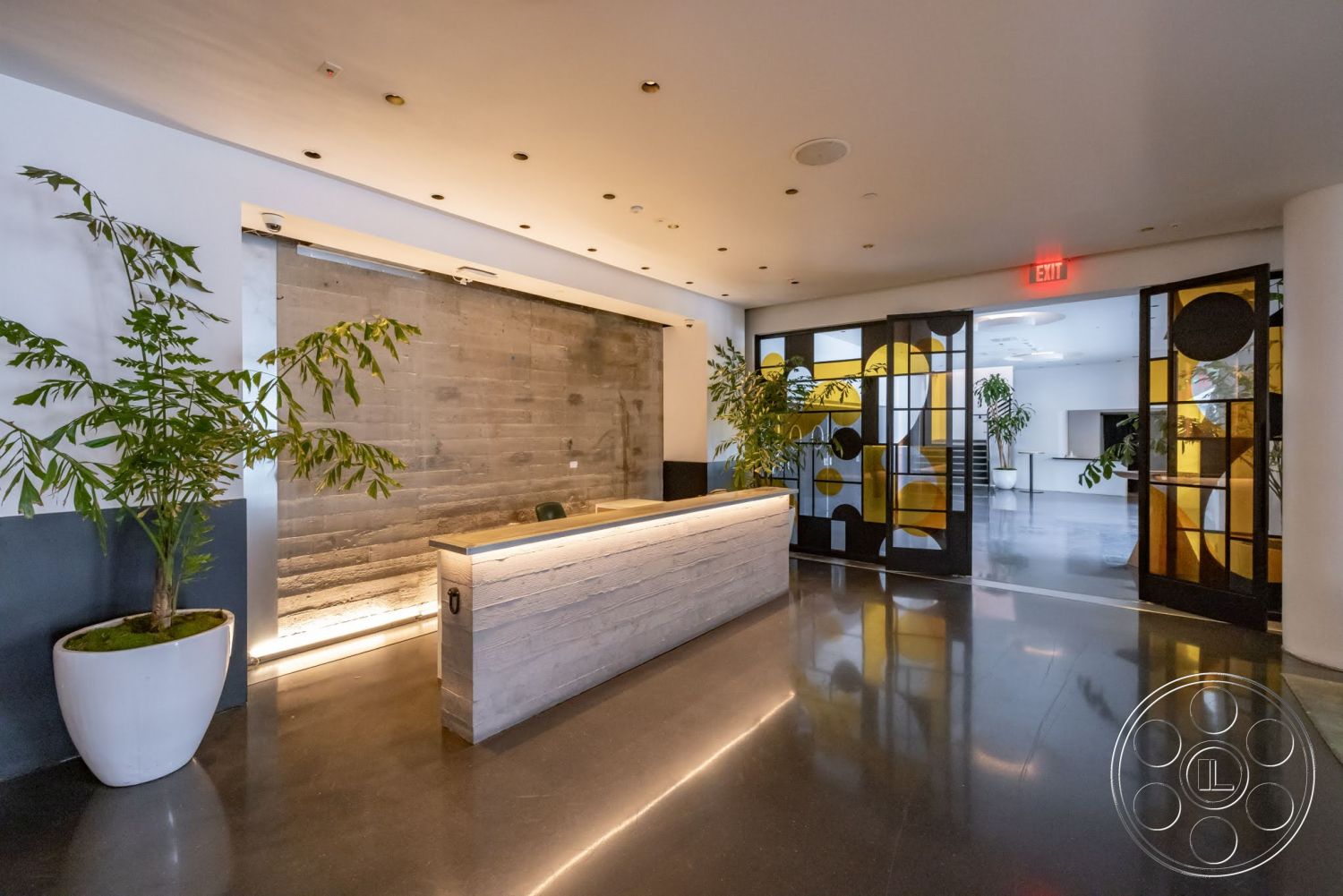 Sunset Campus - polished concrete flooring, exposed concrete accent wall, reception desk with wood finish, white ceiling with recessed lighting, glass doors with geometric patterns, tall indoor plants in decorative pots