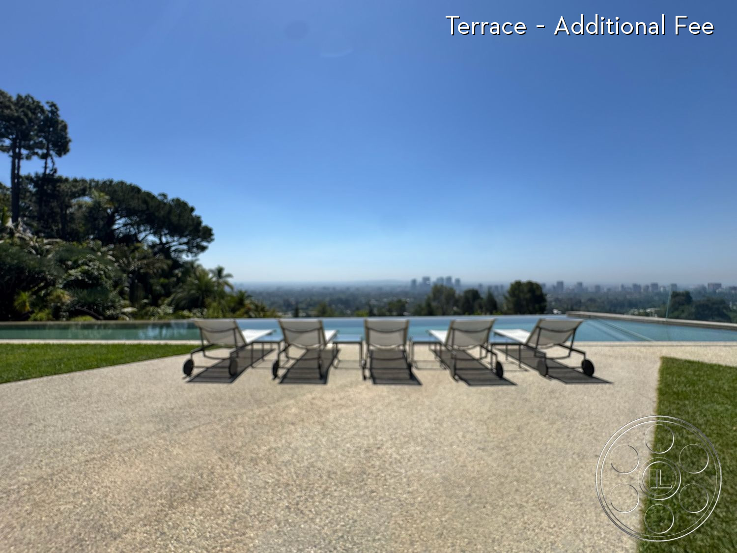 Goldstein House - infinity pool, exterior, lounge chairs, city skyline view, concrete patio flooring, grass landscaping