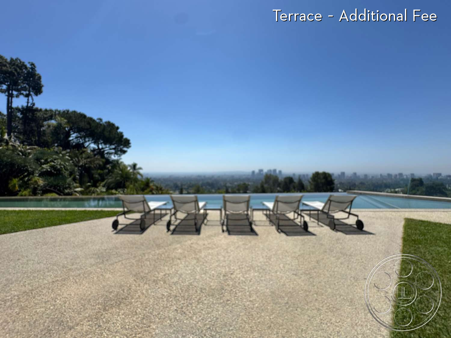 Goldstein House - infinity pool, exterior, lounge chairs, city skyline view, concrete patio flooring, grass landscaping