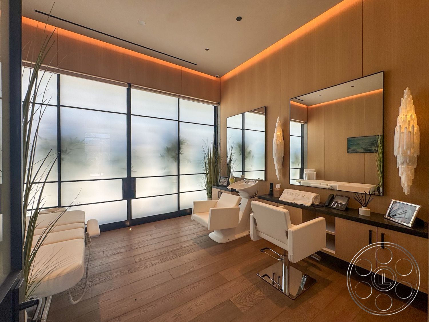 Star Villa - minimalist decor, hardwood flooring, contemporary design, plant accents, modern lighting fixtures, wood panel accent wall, frosted glass partition walls, mirrored wall decor, designer salon chairs