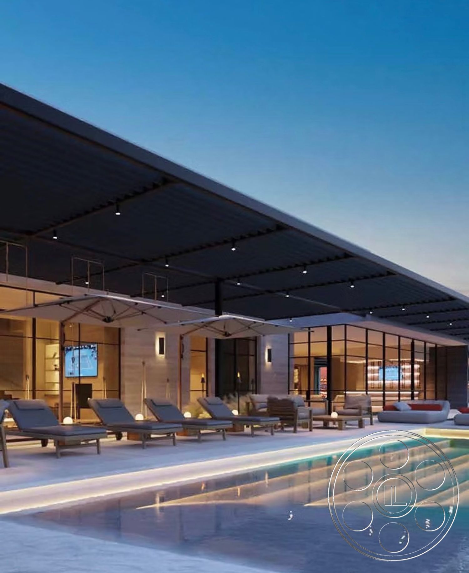 Star Villa - exterior, modern architecture, minimalist design elements, concrete walls, concrete pool deck, rectangular pool, wooden lounge chairs, outdoor lighting fixtures, floor-to-ceiling glass windows, covered patio area, spacious outdoor living area, integrated LED lighting, steel frame roof
