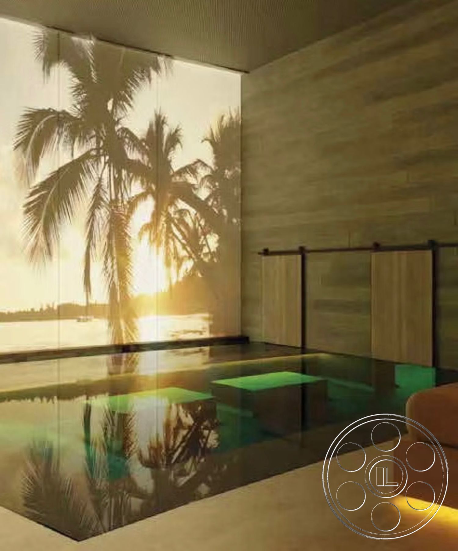 Star Villa - wood paneling, glass walls, sunset view, tropical setting, rectangular pool, reflected water surface, stone feature wall, modern minimalist design, soft lighting accents, floating green platforms