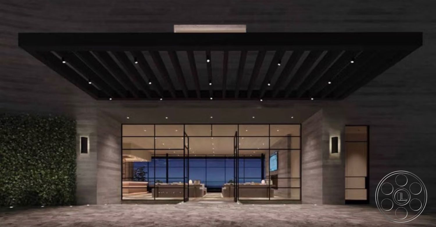 Star Villa - recessed lighting, exterior, open floor plan, glass doors, landscaped greenery, concrete walls, floor-to-ceiling windows, dark wood accents, modern architectural style, wood slatted canopy