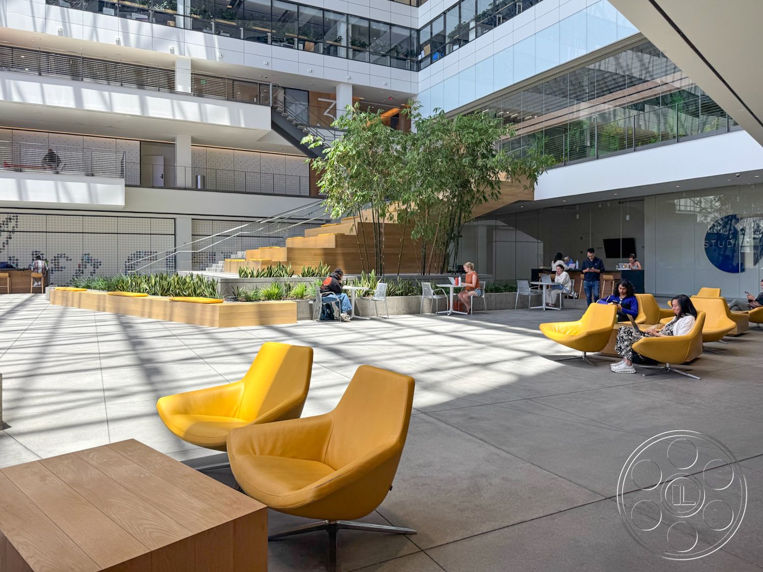 The Atrium - concrete flooring, large glass windows, light wood accents, planter boxes, bright natural lighting, staircase with wooden steps, modern minimalist design, open atrium layout, collaborative workspace area, wood panel seating areas, yellow molded plastic lounge chairs, greenery with bamboo plants