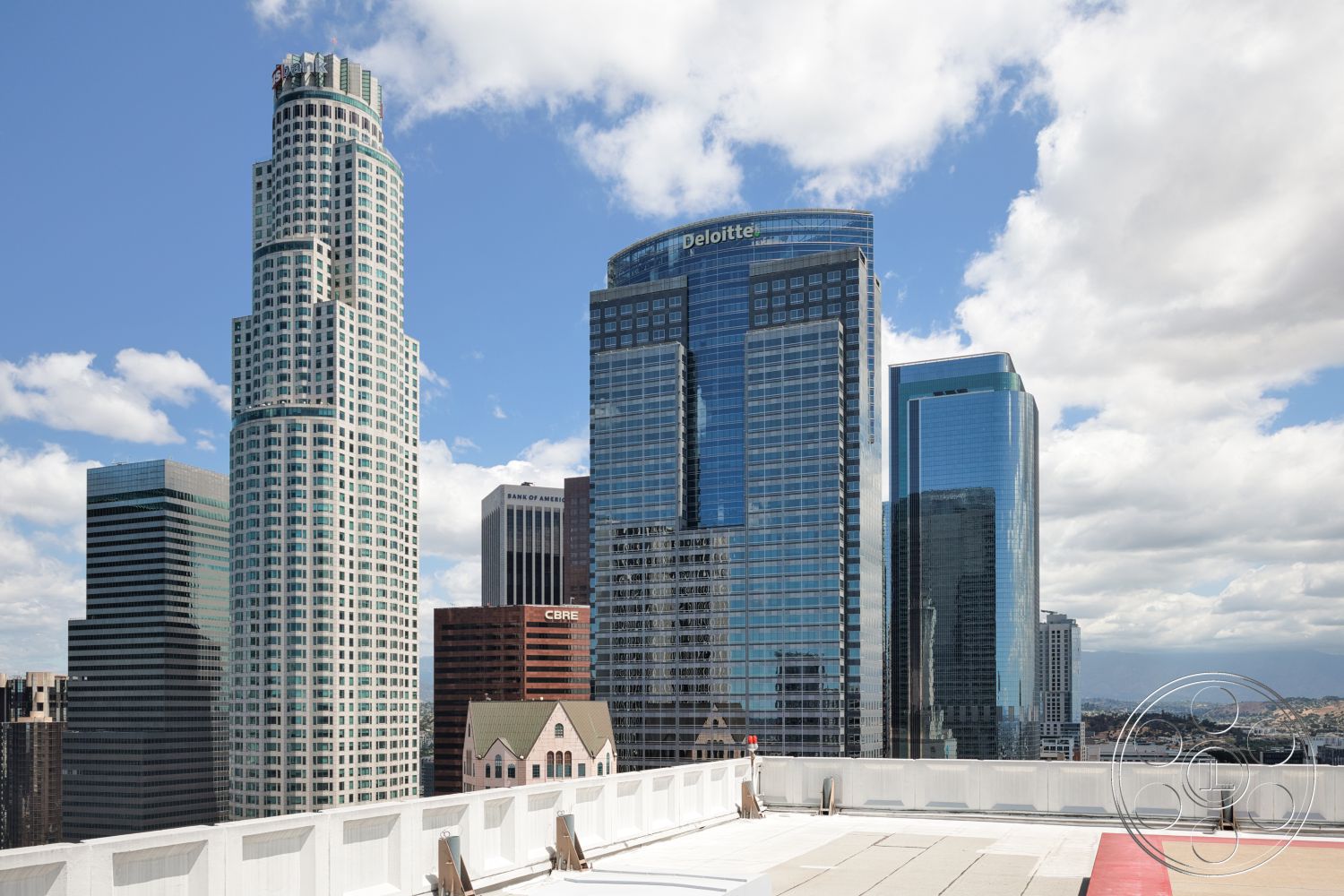 Rooftop 53 - exterior, modern architectural style, urban skyline view, steel frame construction, concrete rooftop, glass facade skyscrapers, tall skyscrapers