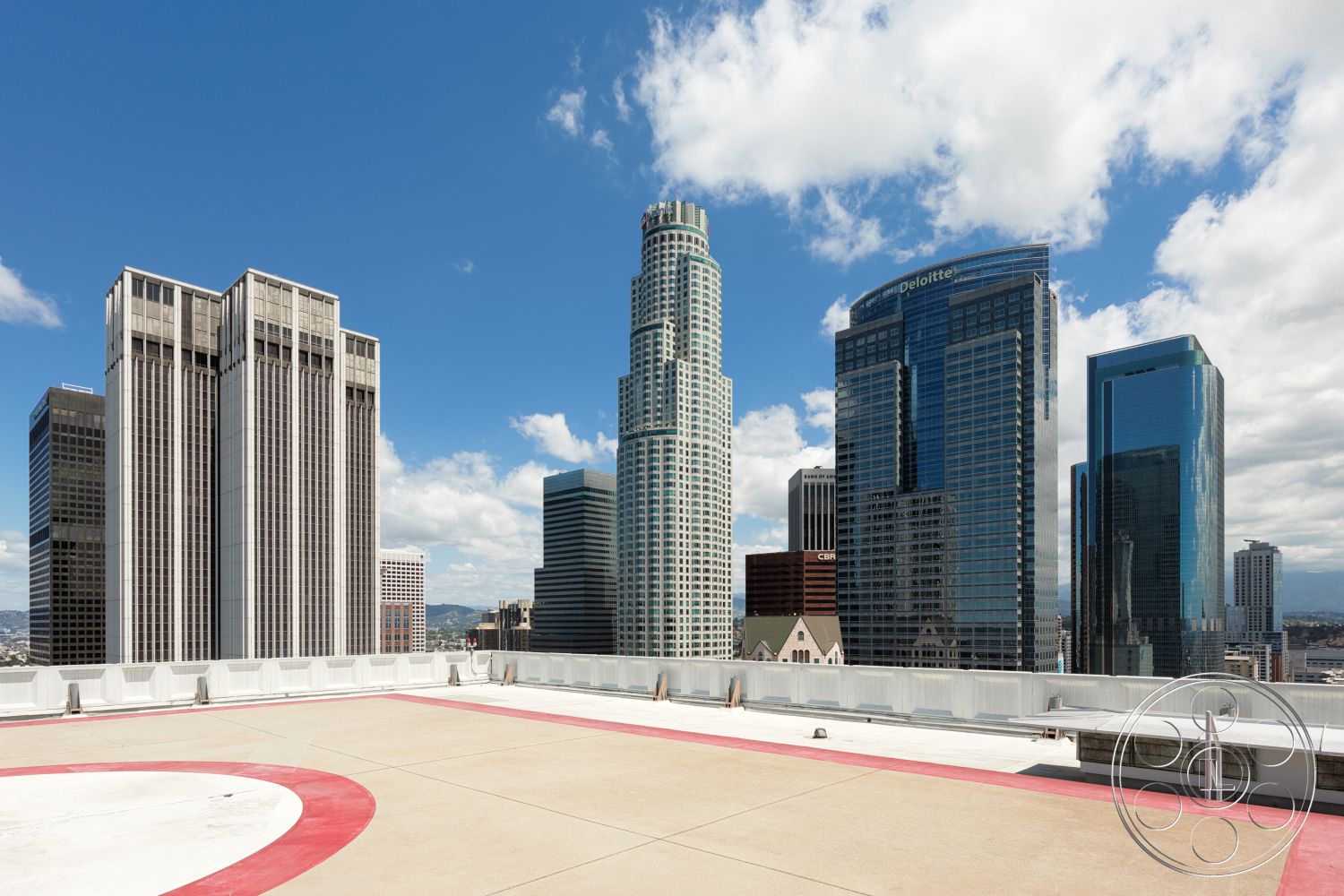 Rooftop 53 - exterior, urban setting, city skyline view, modern skyscrapers, helipad markings, commercial architecture, flat roof design, glass curtain wall, concrete rooftop, metal panel cladding, high-rise building structures