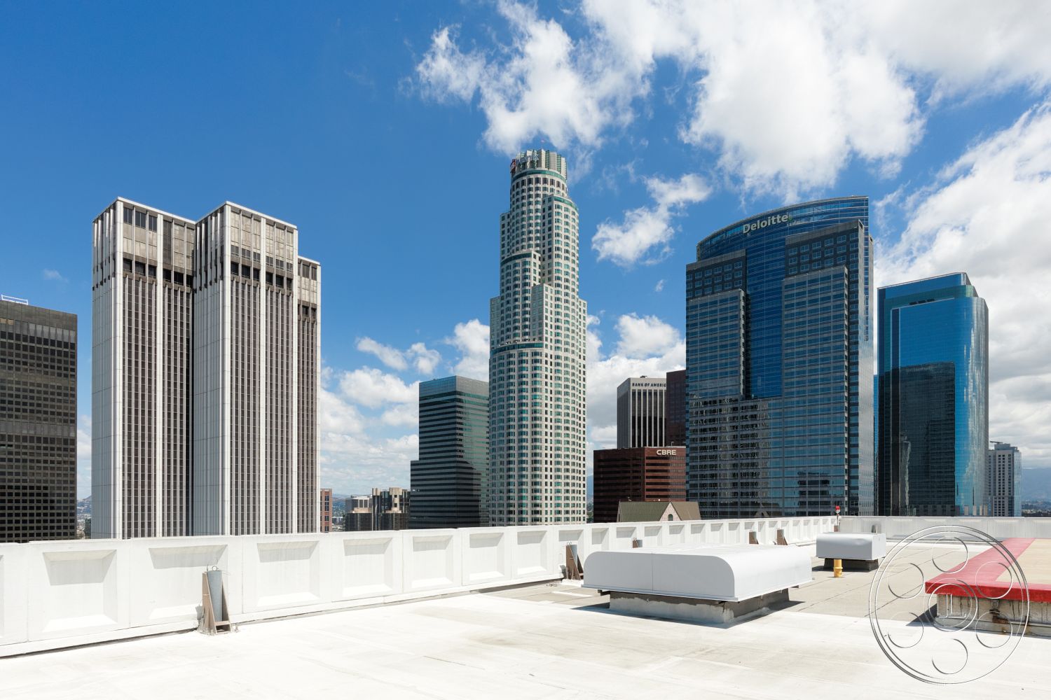 Rooftop 53 - exterior, metal framework, steel railing, modern architectural style, urban skyline view, high-rise buildings, cloudy sky, rectangular building shapes, concrete rooftop, glass facade skyscrapers