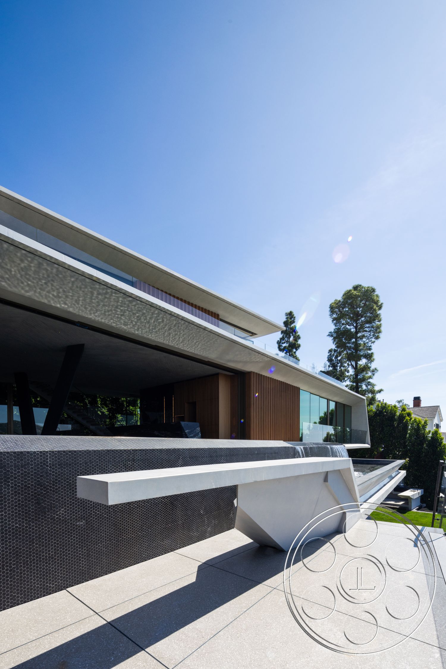Modern 516 - exterior, modern architectural style, flat roof design, concrete patio flooring, landscaped garden setting, angular structural elements, concrete water feature, glazed floor-to-ceiling windows, natural wood cladding, hexagonal textured wall tiles, floating concrete bench