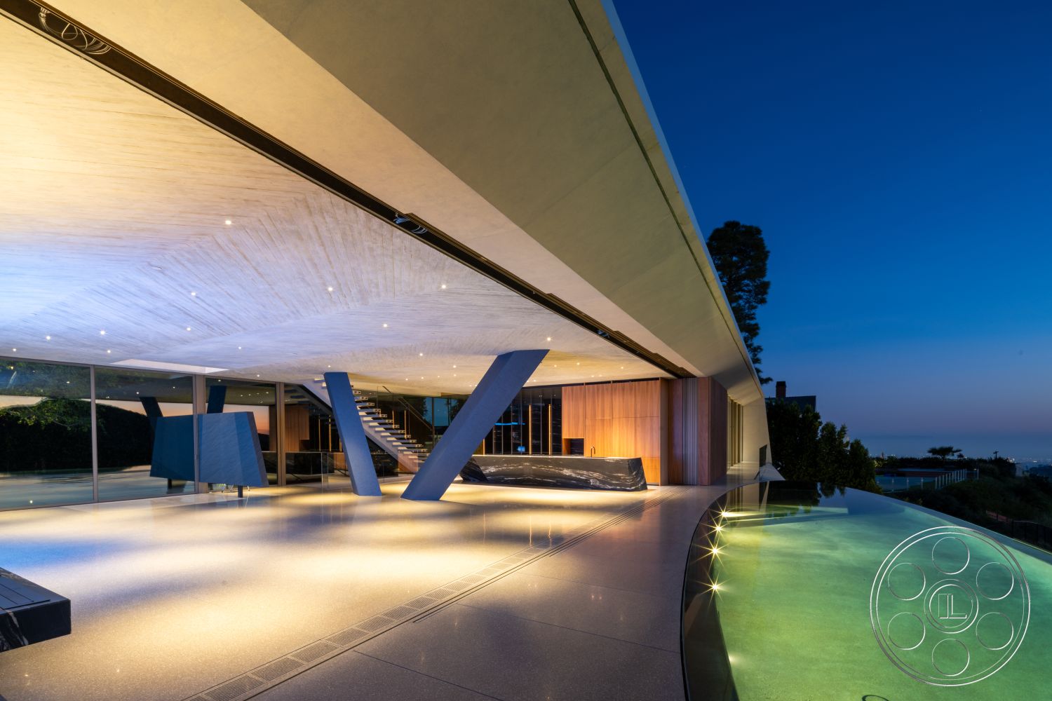 Modern 516 - exterior, exposed concrete walls, outdoor living space, modern architectural style, landscape lighting, wood accent wall, polished stone flooring, infinity pool, concrete ceiling, floating staircase, glass wall panels, cantilevered roof