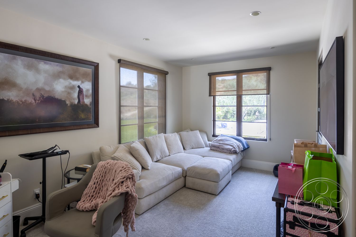 Hayden House - minimalist decor, contemporary design, plush sectional sofa, light beige walls, textured throw blanket, small side table, natural light windows, carpet living room flooring, dark wood framed artwork, window with roller shades, standard armchair, decorative green and pink bags