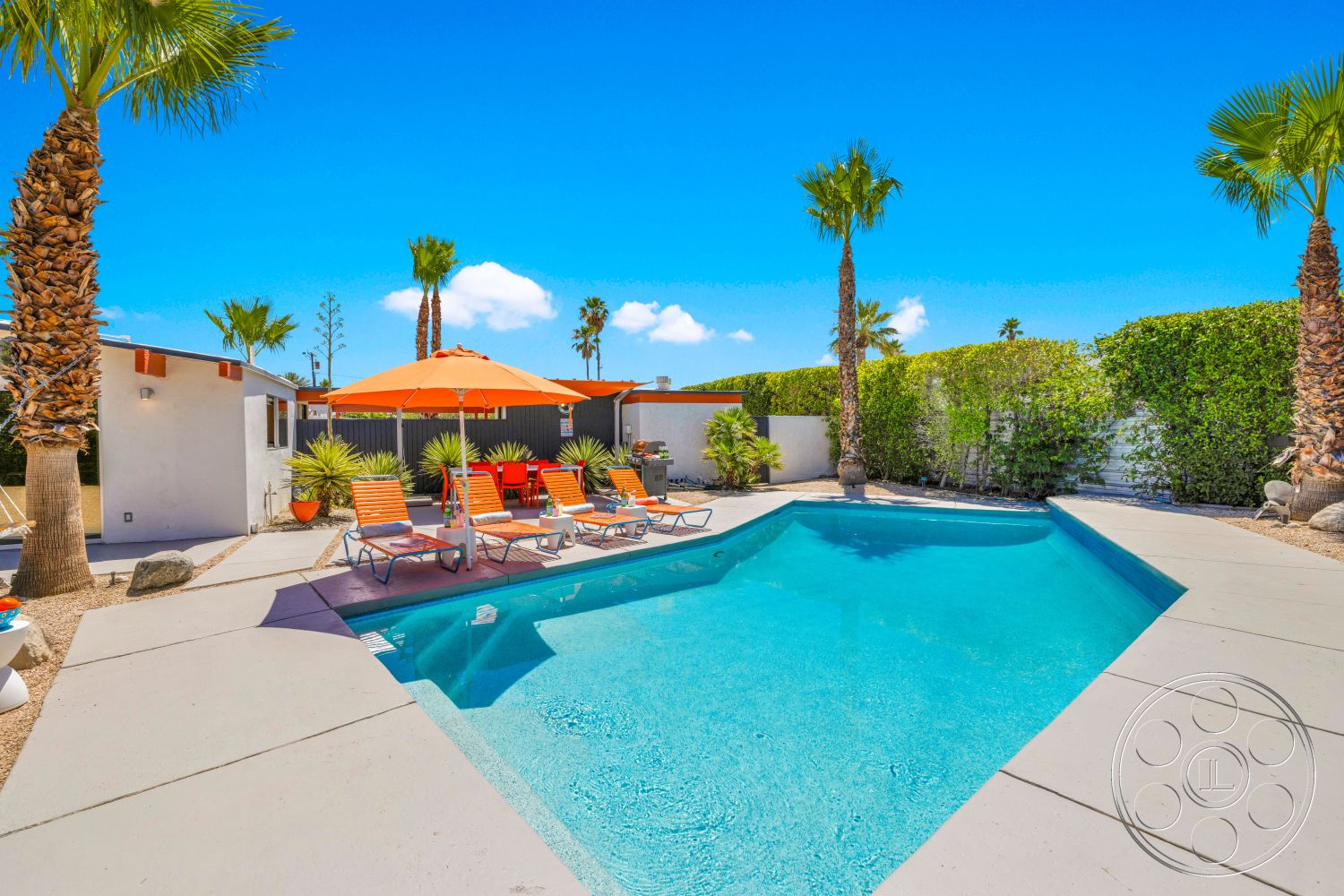 Palm Springs 76 - exterior, palm trees, gravel landscaping, desert landscaping, sun loungers, concrete pool deck, rectangular pool, patio umbrellas, low-maintenance shrubs, wall-mounted outdoor privacy screening