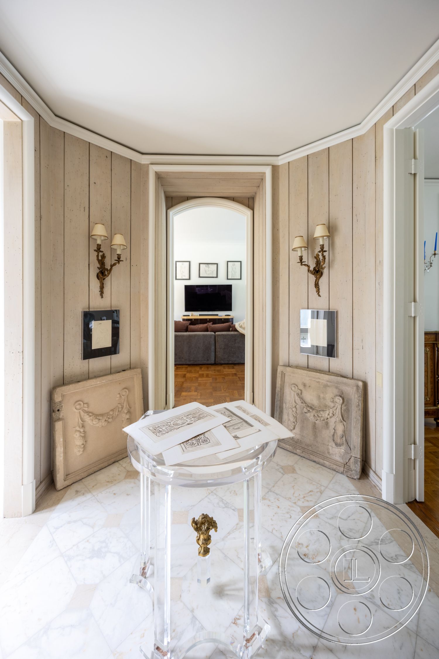 Retro 295 - wall sconces, double doors, marble flooring, arched doorways, glass side tables, textured wood paneling walls, antique stone accent panels