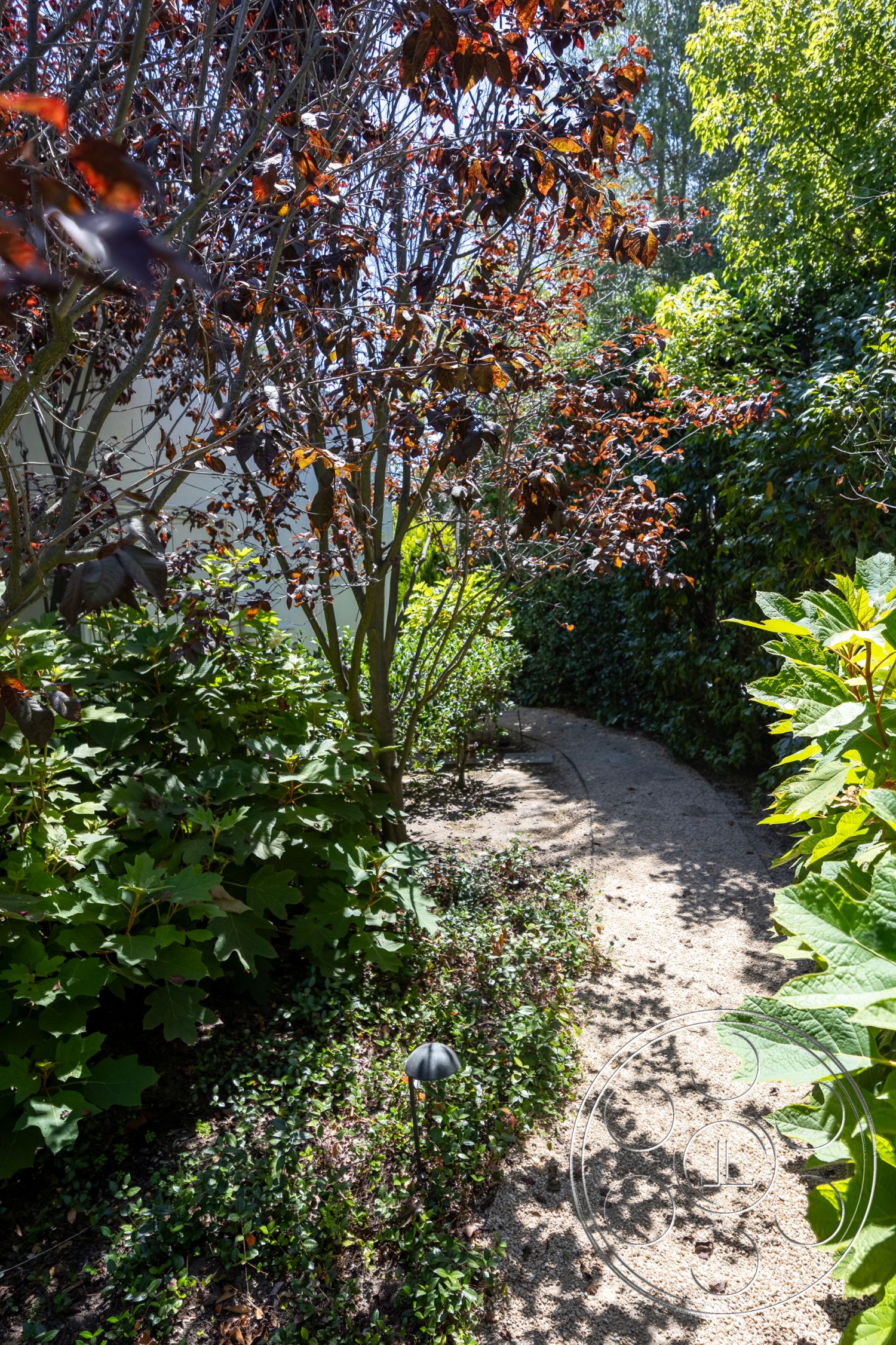 Retro 295 - exterior, landscaped greenery, soft natural lighting, ornamental trees, pathway lighting fixtures, gravel garden pathway, subtropical plantings, low-growing shrubs