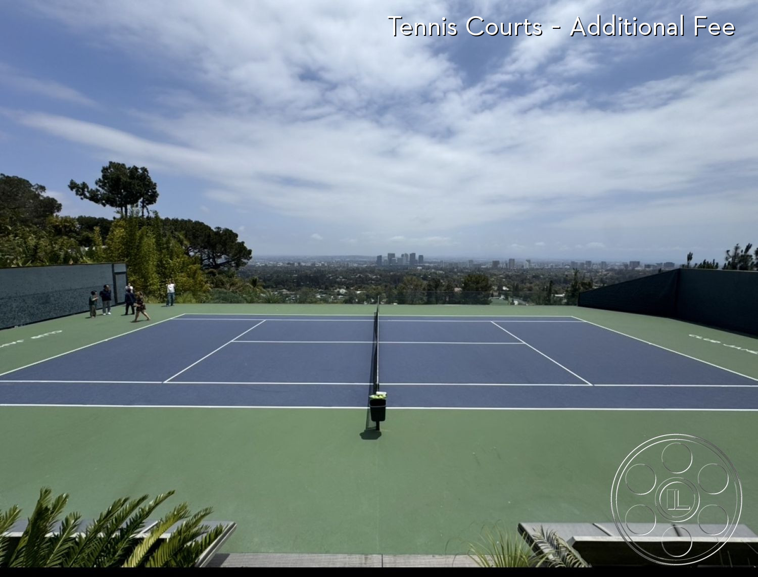 Goldstein House - mountain view, surrounding greenery, panoramic landscape, outdoor tennis court, urban skyline backdrop, blue court lines, synthetic court surface, green court flooring, netting system, exterior recreation area