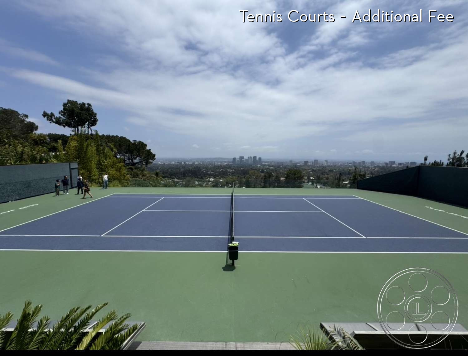 Goldstein House - mountain view, surrounding greenery, panoramic landscape, outdoor tennis court, urban skyline backdrop, blue court lines, synthetic court surface, green court flooring, netting system, exterior recreation area
