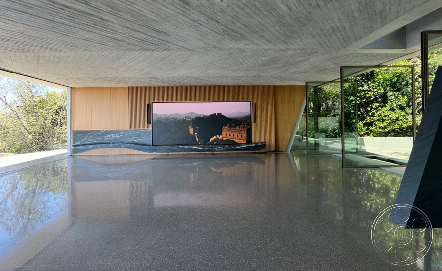 Modern 516 - terrazzo flooring, glass sliding doors, modern interior, floor-to-ceiling windows, exposed concrete ceiling, wood panel accent wall, contemporary design details, open living area, natural surroundings view, wood grain wall treatment