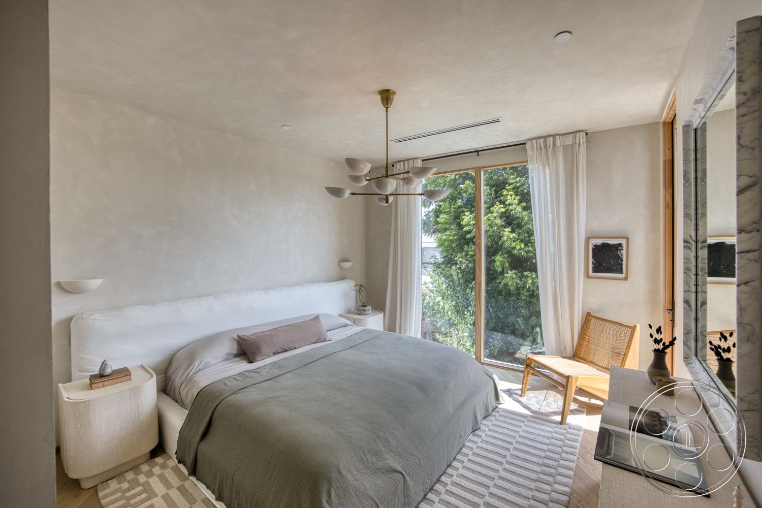 Modern 526 - minimalist decor, neutral color palette, floor-to-ceiling windows, decorative wall art, woven area rug, textured plaster walls, bamboo accent chair, light wood bed frame, natural light from large window, hardwood bedroom floors, gray bedding set, contemporary ceiling light fixture