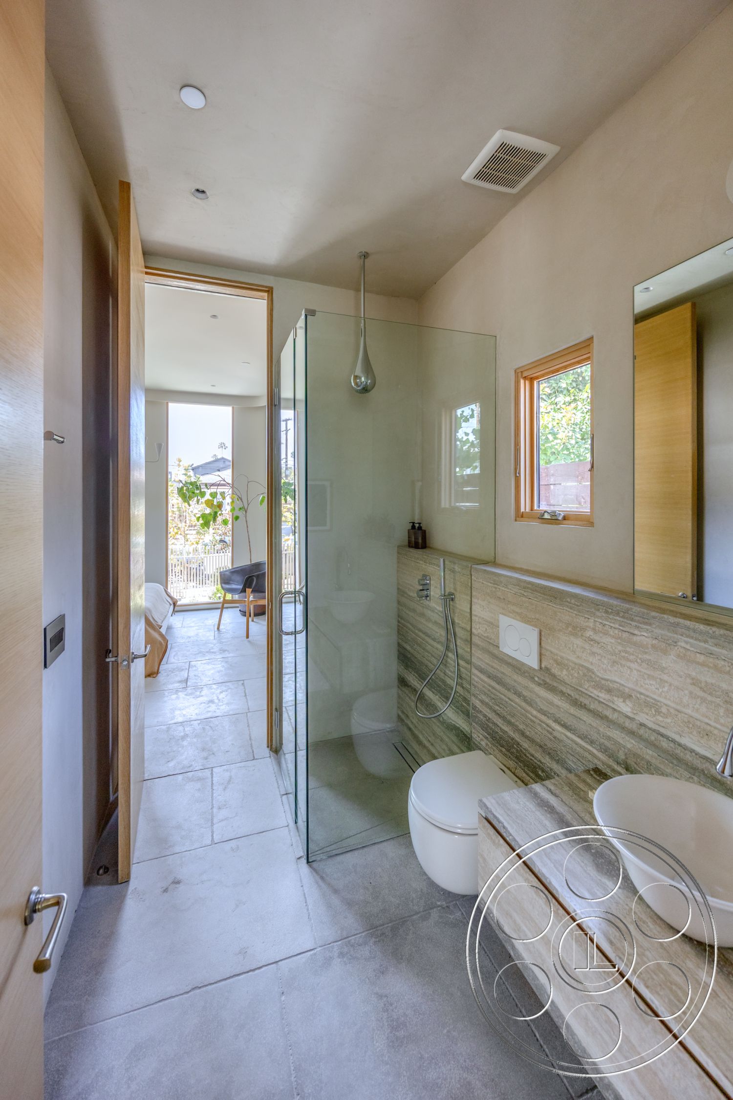 Modern 526 - glass shower enclosure, polished concrete flooring, minimalist design elements, natural stone countertop, recessed ceiling lights, interior bathroom, modern toilet design, wood panel vanities, framed window with natural light