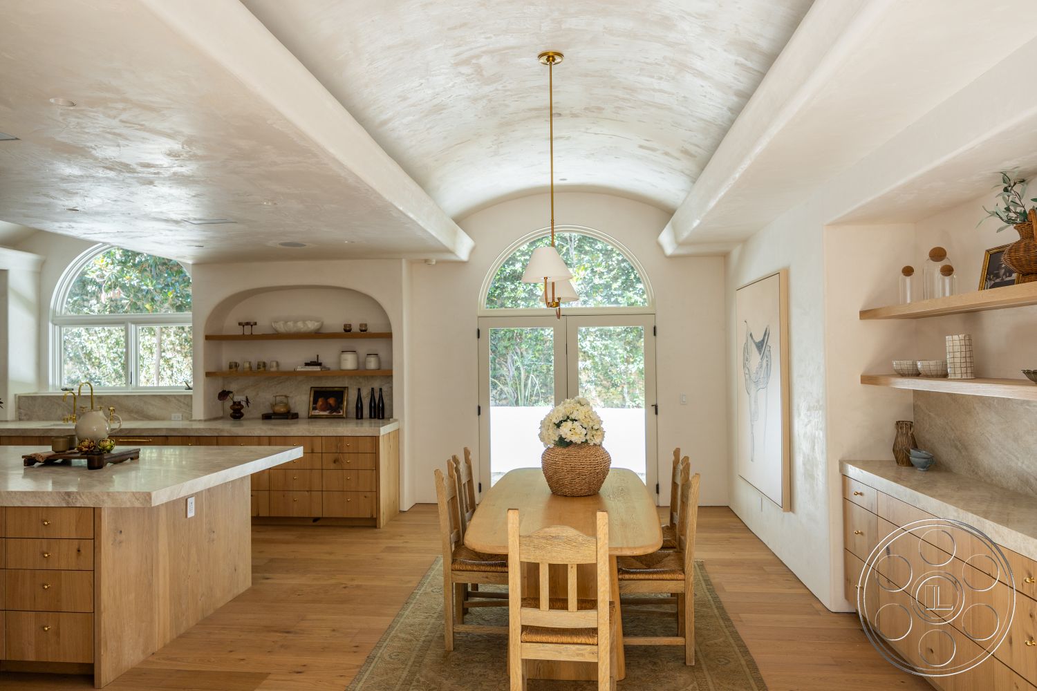 Medit 168 - neutral color palette, natural light, contemporary design, light hardwood flooring, open shelving, textured wall treatment, arched windows, modern dining table, wood dining chairs, elegant pendant lighting, marble kitchen countertop, minimalist dining area, wood beam ceiling, smooth plaster ceiling, custom wood cabinetry