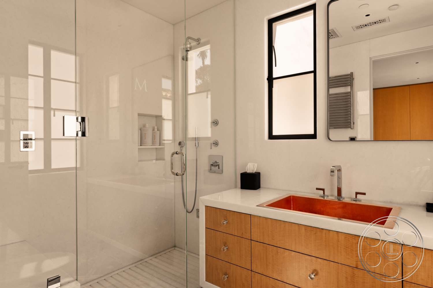 Beach 137 - minimalist design, glass shower enclosure, floor-to-ceiling windows, chrome faucet, modern bathroom fixtures, white marble bathroom walls, wood cabinetry with a natural finish, orange vessel sink, tile flooring with linear pattern