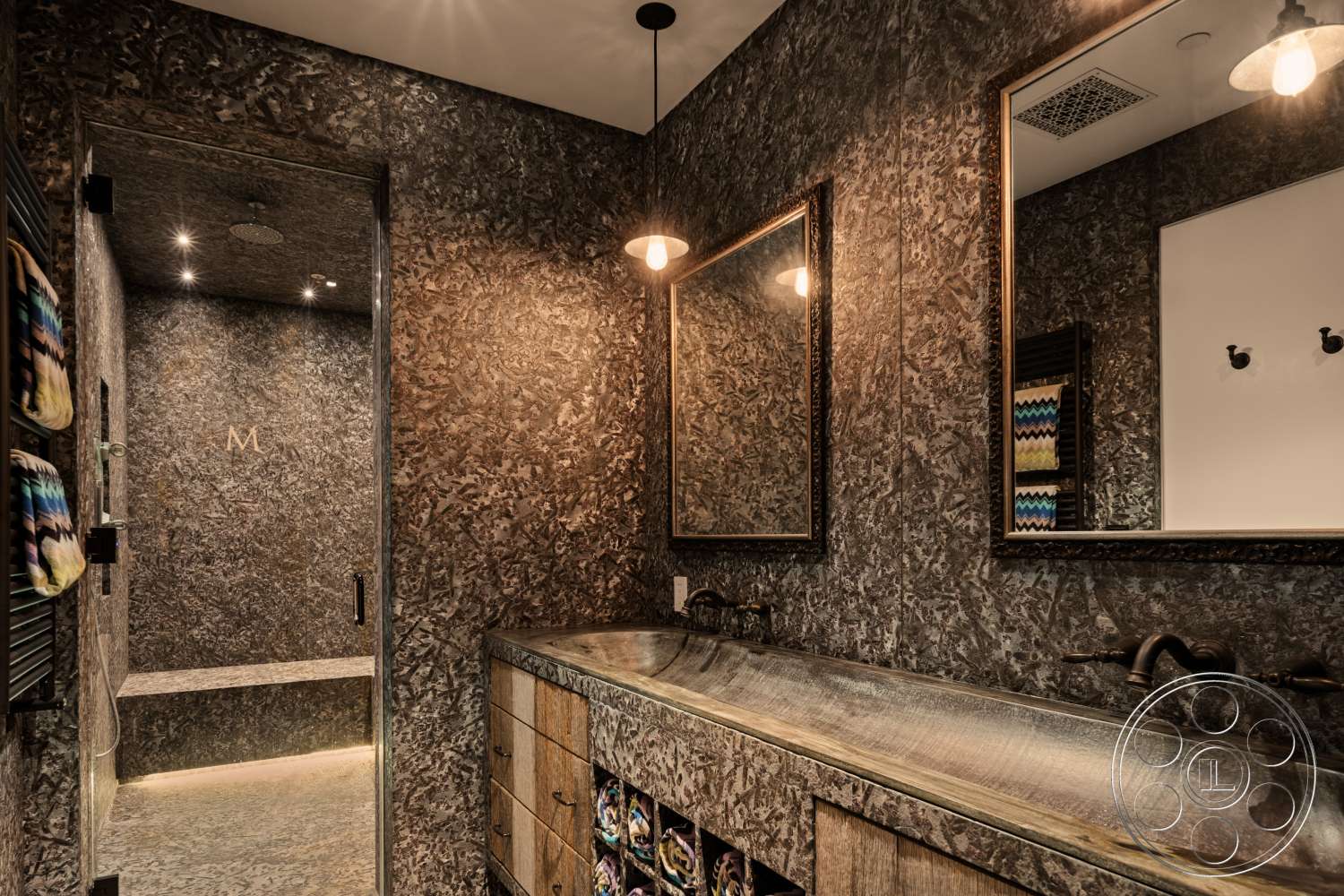 Beach 137 - minimalist design, glass shower enclosure, textured plaster walls, framed mirrors, open shower area, recessed ceiling lighting, modern showerhead, dual vessel sinks, large format tile flooring, exposed ceiling fixtures, custom wood vanity, integrated lighting details, spa-like bathroom
