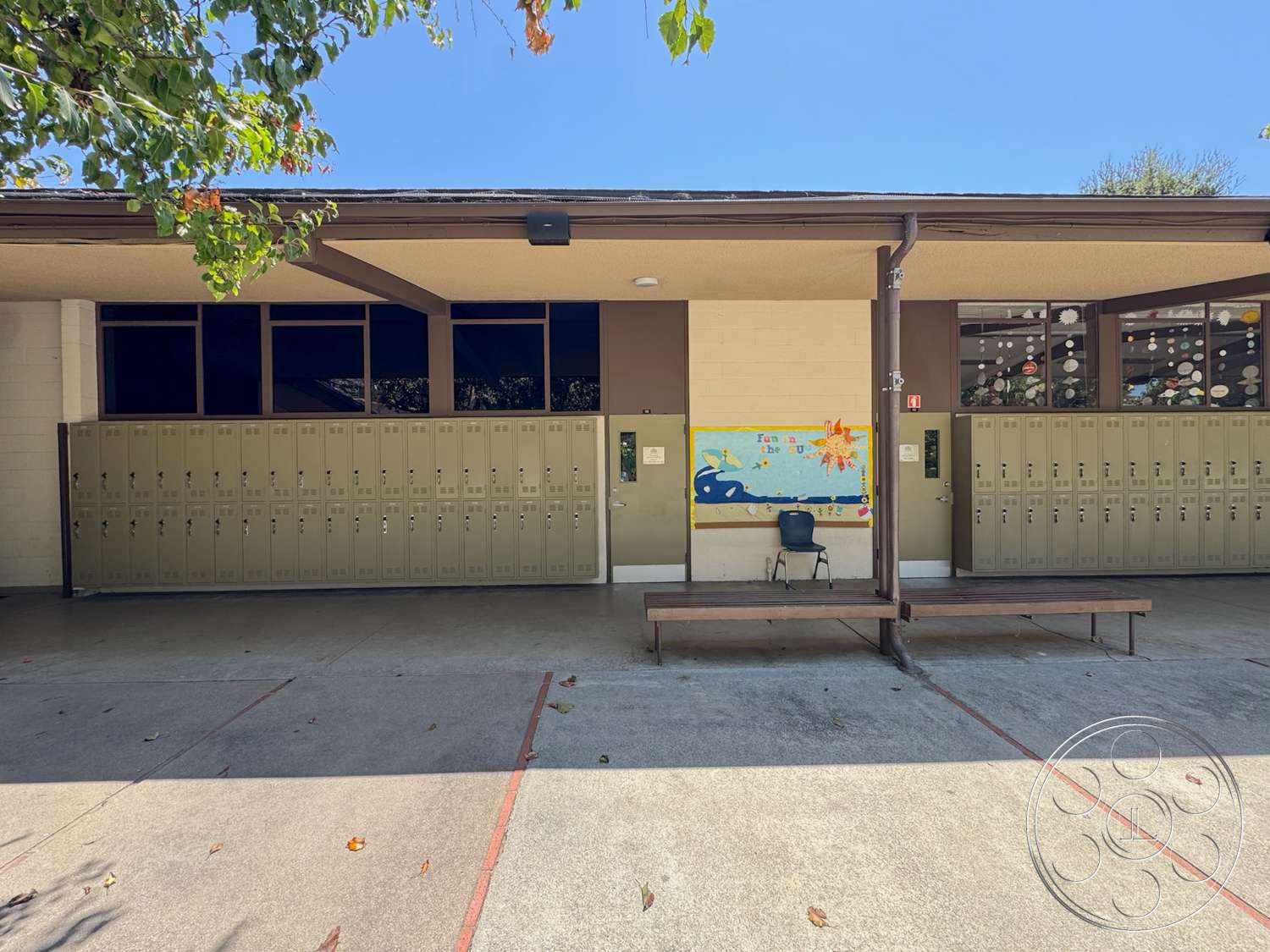 School 20 - large windows, exterior, wooden bench, concrete flooring, landscaped surroundings, painted mural, metal lockers, school building facade, overhead eaves, outdoor school area