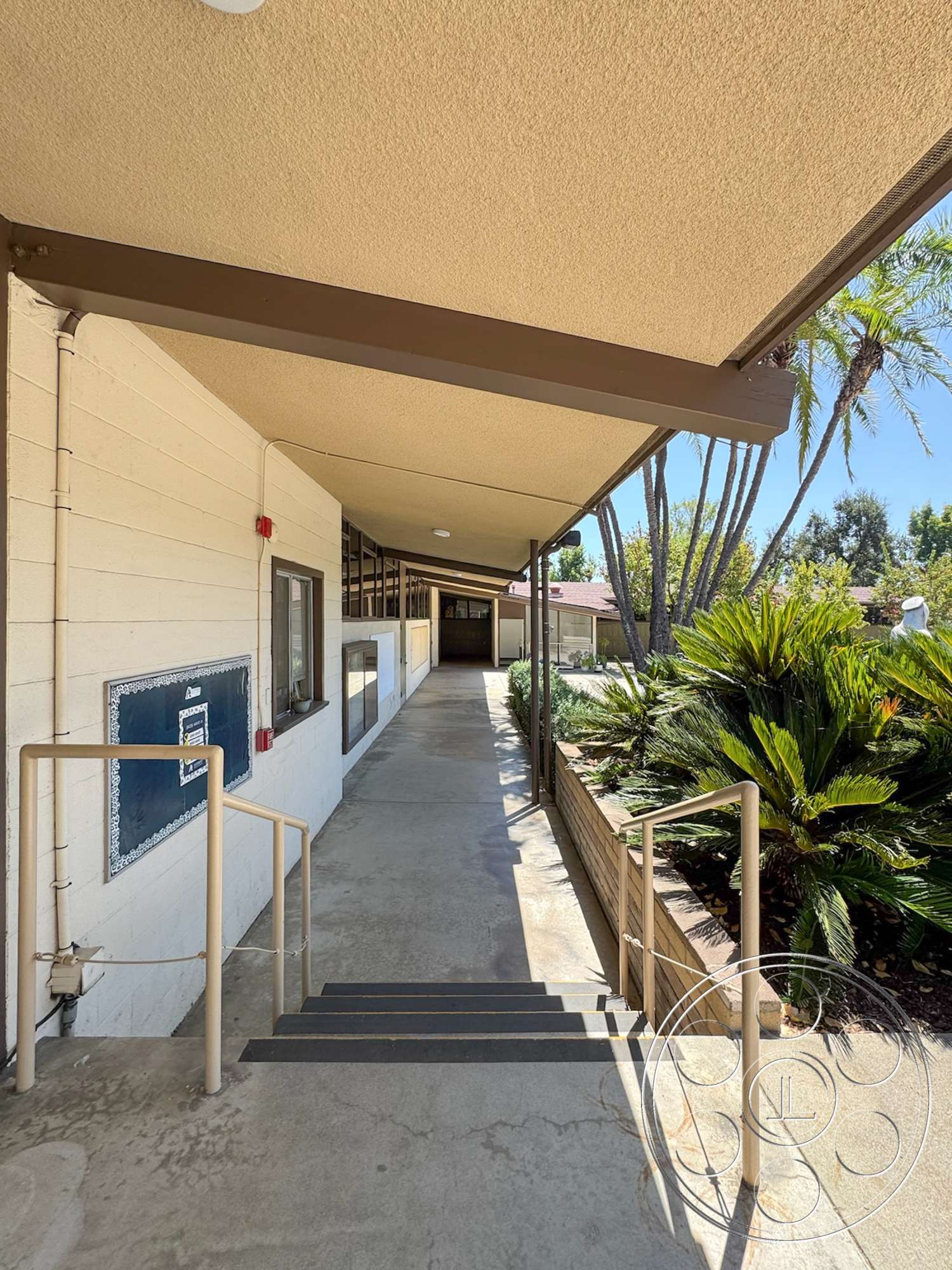 School 20 - large windows, exterior, landscaped garden, concrete steps, concrete walkway, textured plaster walls, palm plants, wooden handrails, sunlit pathway, brick planter box, overhanging ceiling, downward slope, light-colored building exterior