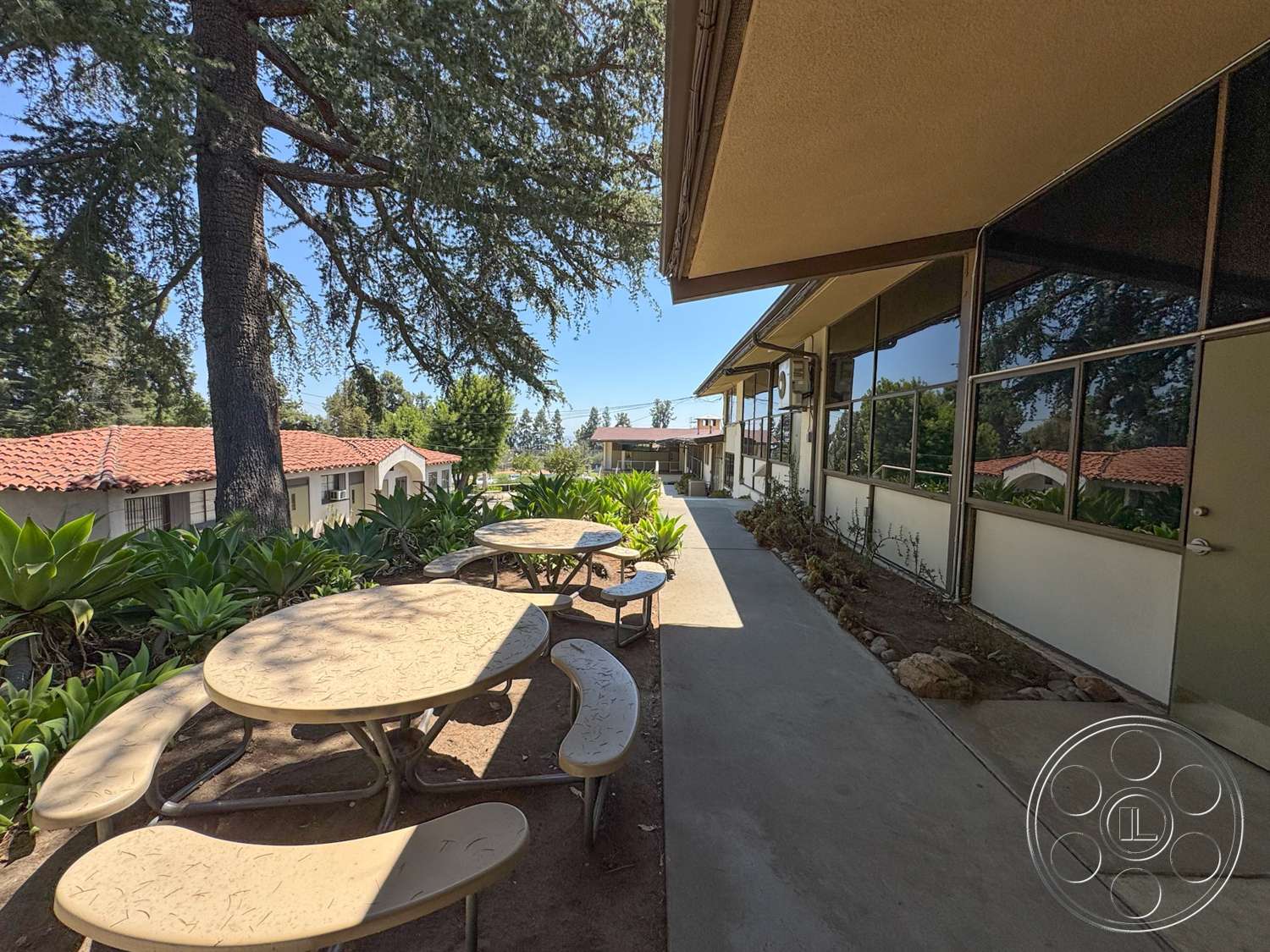 School 20 - exterior, concrete walkway, tree shade, architectural plants, landscaped garden beds, overhanging roof eaves, modern glass windows, open courtyard area, metal picnic tables, red clay tile roofs