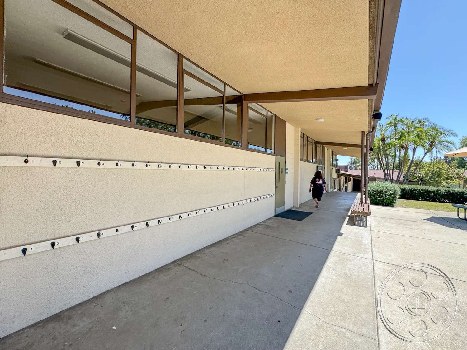 School 20 - exterior, large glass windows, wooden bench seating, concrete walkway, outdoor setting, landscaped garden area, stucco wall finish, flat roof structure, architectural style: contemporary, metal overhang