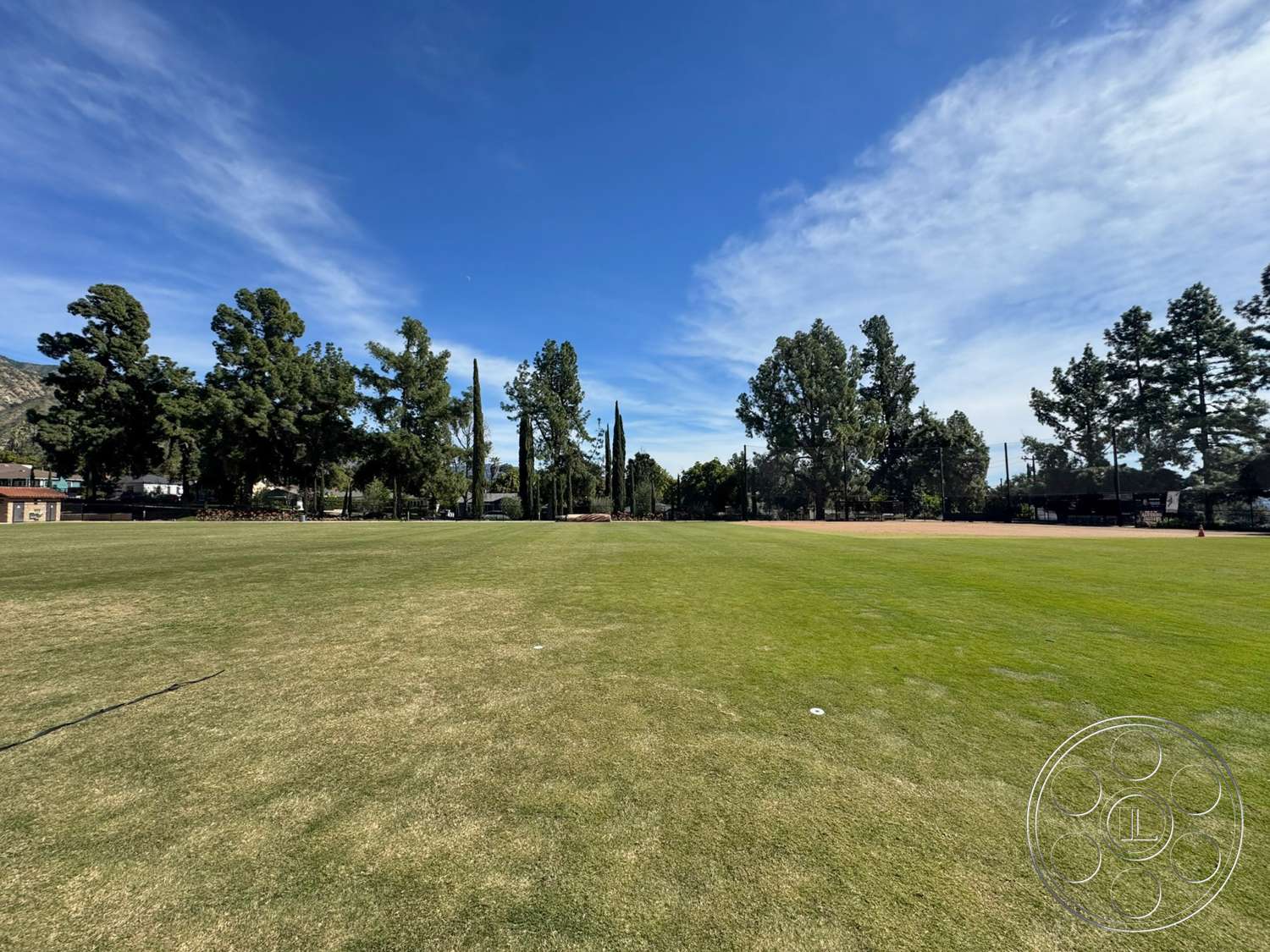 School 20 - exterior, mountain backdrop, clear blue sky, deciduous trees, tall pine trees, residential property setting, lush green grass field, open recreational space