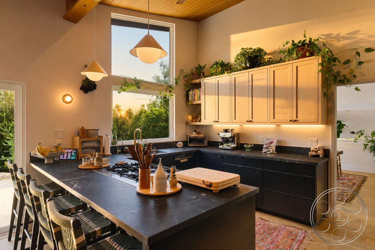 Americana 435 - textured area rug, modern kitchen design, minimalist pendant lighting, neutral painted walls, open shelving kitchen storage, indoor plants decor, exposed wood ceiling, contemporary kitchen layout, large square windows, woven barstool seating, light wood kitchen cabinets, black stone kitchen countertop, kitchen island with storage