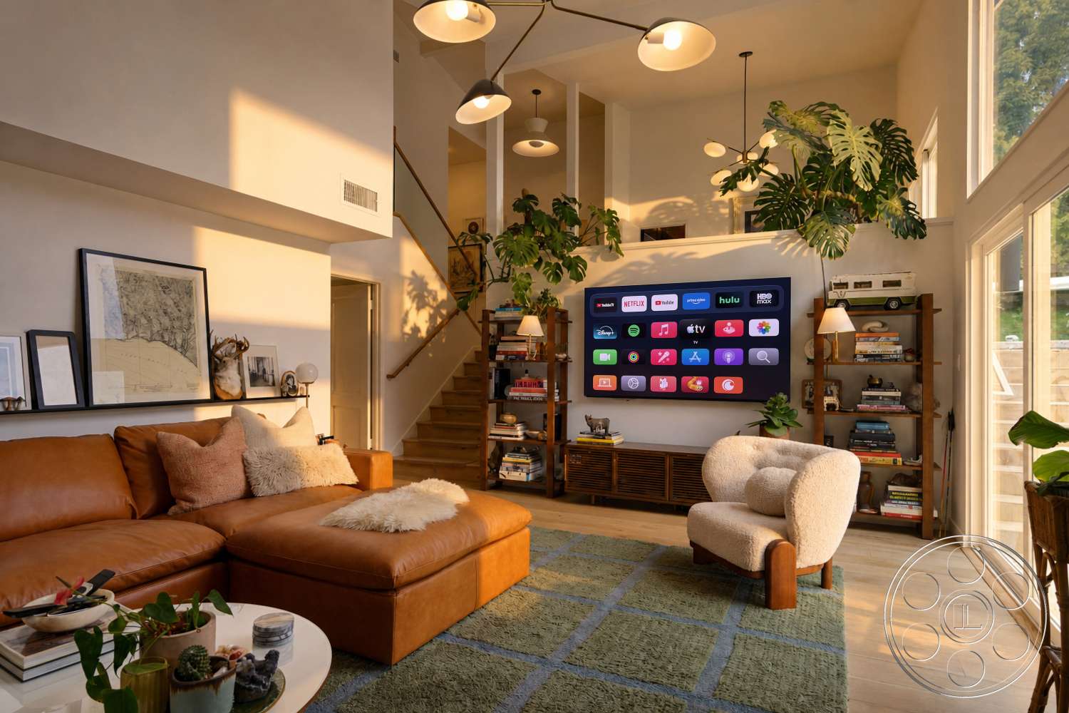Americana 435 - neutral color palette, indoor plants, floor-to-ceiling windows, textured plaster walls, hanging pendant lights, leather sectional sofa, hardwood living room floors, large area rug with geometric pattern, white modern accent chair, contemporary media console, open staircase with wooden railing, decorative art frames on walls, wooden bookshelf with varied decor, sunlit living room