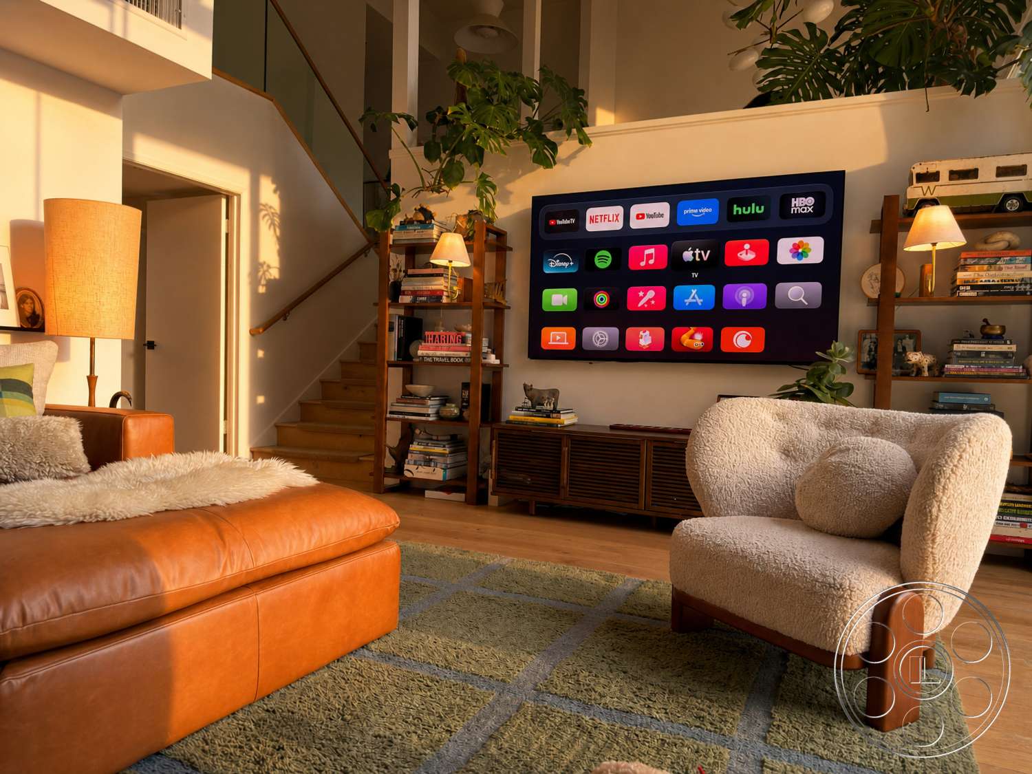 Americana 435 - table lamp, wooden flooring, textured area rug, open floor plan, glass railing, green indoor plants, wooden shelving unit, floating staircase, tan leather sofa, plush accent chair, sunlit living room, floor-to-ceiling television