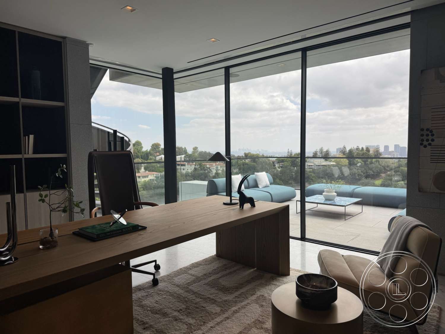 The Bellagio Estate - textured area rug, metal desk lamp, urban skyline view, minimalist bookshelf, mountain view setting, glass floor-to-ceiling windows, concrete balcony, contemporary art wall, fabric lounge seating, hardwood desk