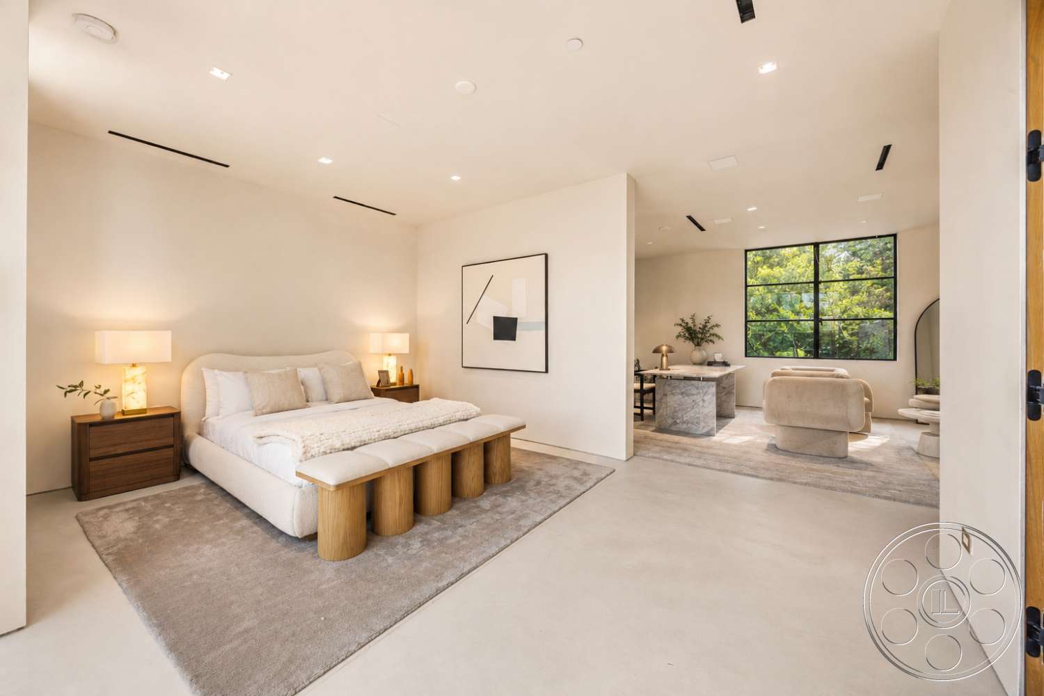 Modern 527 - neutral color palette, open floor plan, floor-to-ceiling windows, soft area rug, contemporary design elements, recessed ceiling lights, white painted walls, minimalist bed design, wood nightstands, concrete bedroom flooring, structured armchair, marble accent table, modern art framed on wall