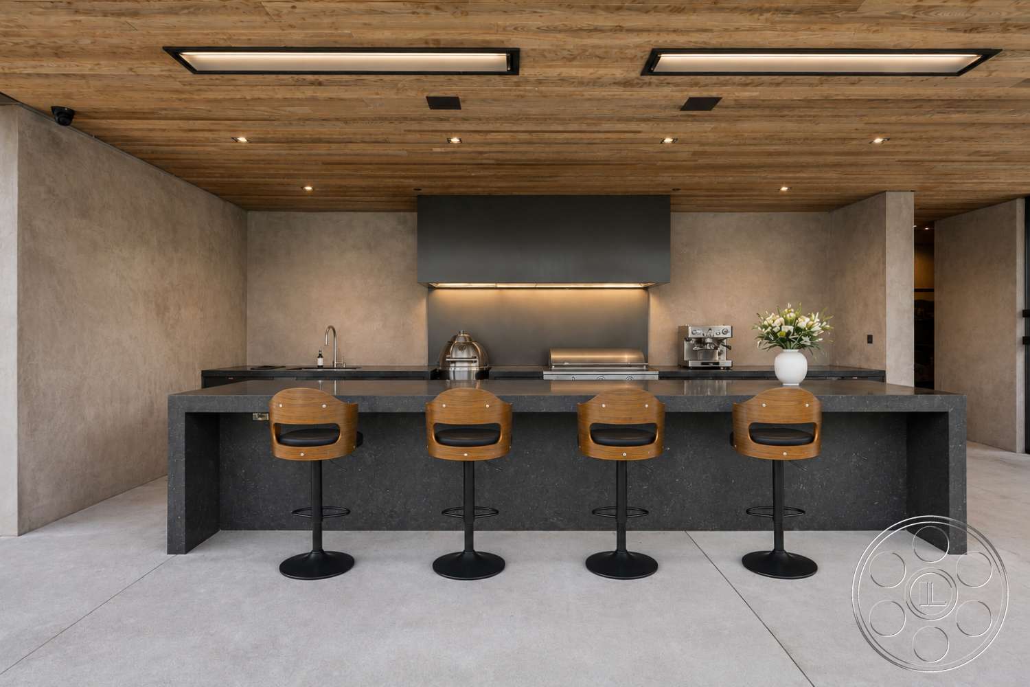 Modern 527 - textured plaster walls, concrete kitchen island, open kitchen layout, recessed ceiling lighting, minimalist kitchen design, contemporary kitchen style, integrated kitchen appliances, exposed wood ceiling, concrete kitchen floor, dark stone kitchen countertops, modern bar stools with wooden seats