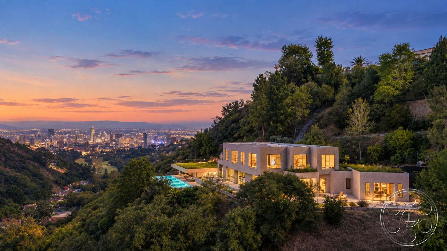 Modern 527 - exterior, large glass windows, surrounding greenery, concrete walls, landscaped backyard, modern architectural style, city skyline view, infinity pool, hillside location, flat roof design, wood deck patio