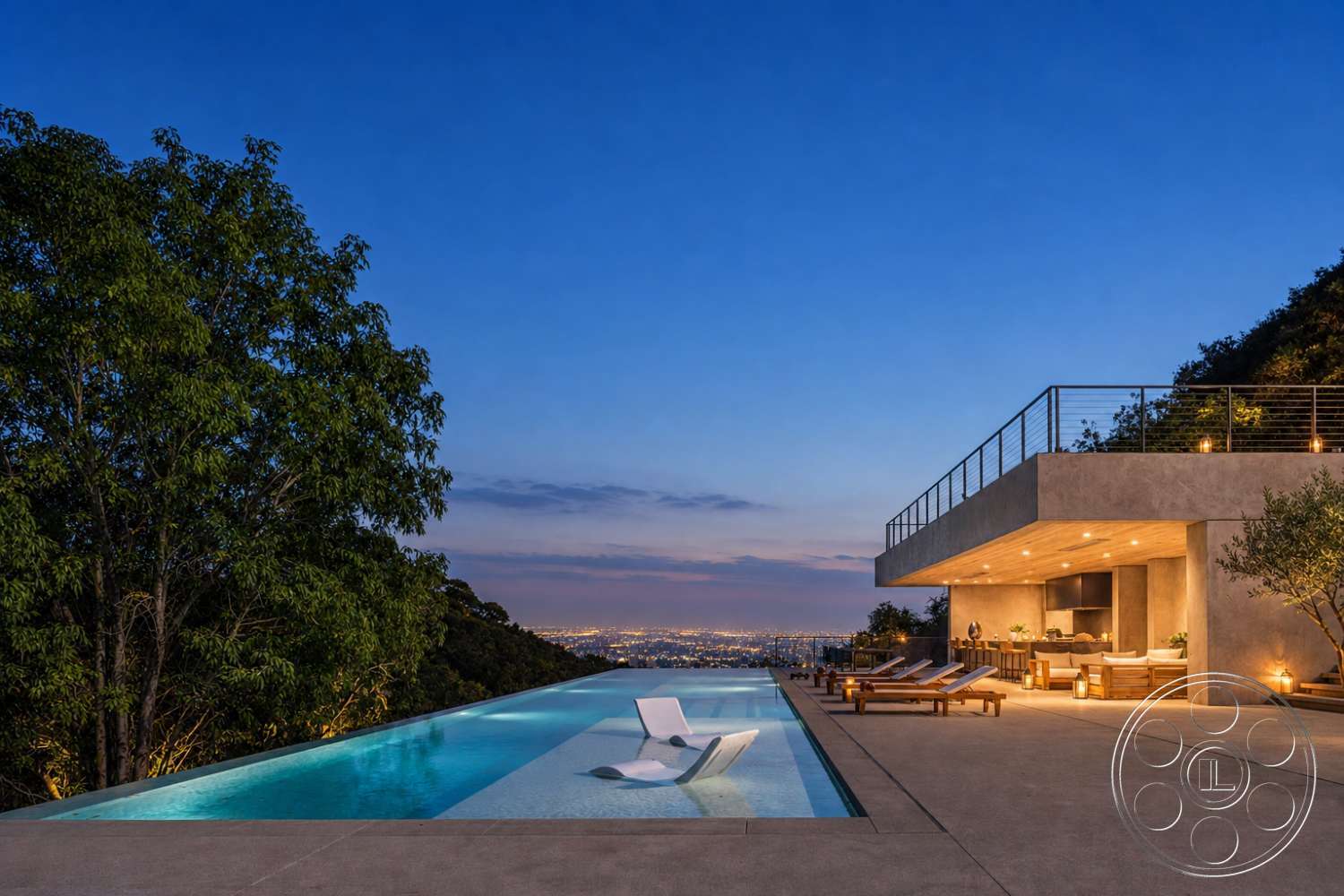 Modern 527 - exterior, floor-to-ceiling windows, modern architectural style, city skyline view, infinity pool, wooden lounge chairs, landscaped garden area, concrete patio flooring, soft outdoor lighting, surrounding tree canopy, glass railing balcony, sloped hillside location, concrete pool edge, built-in outdoor kitchen