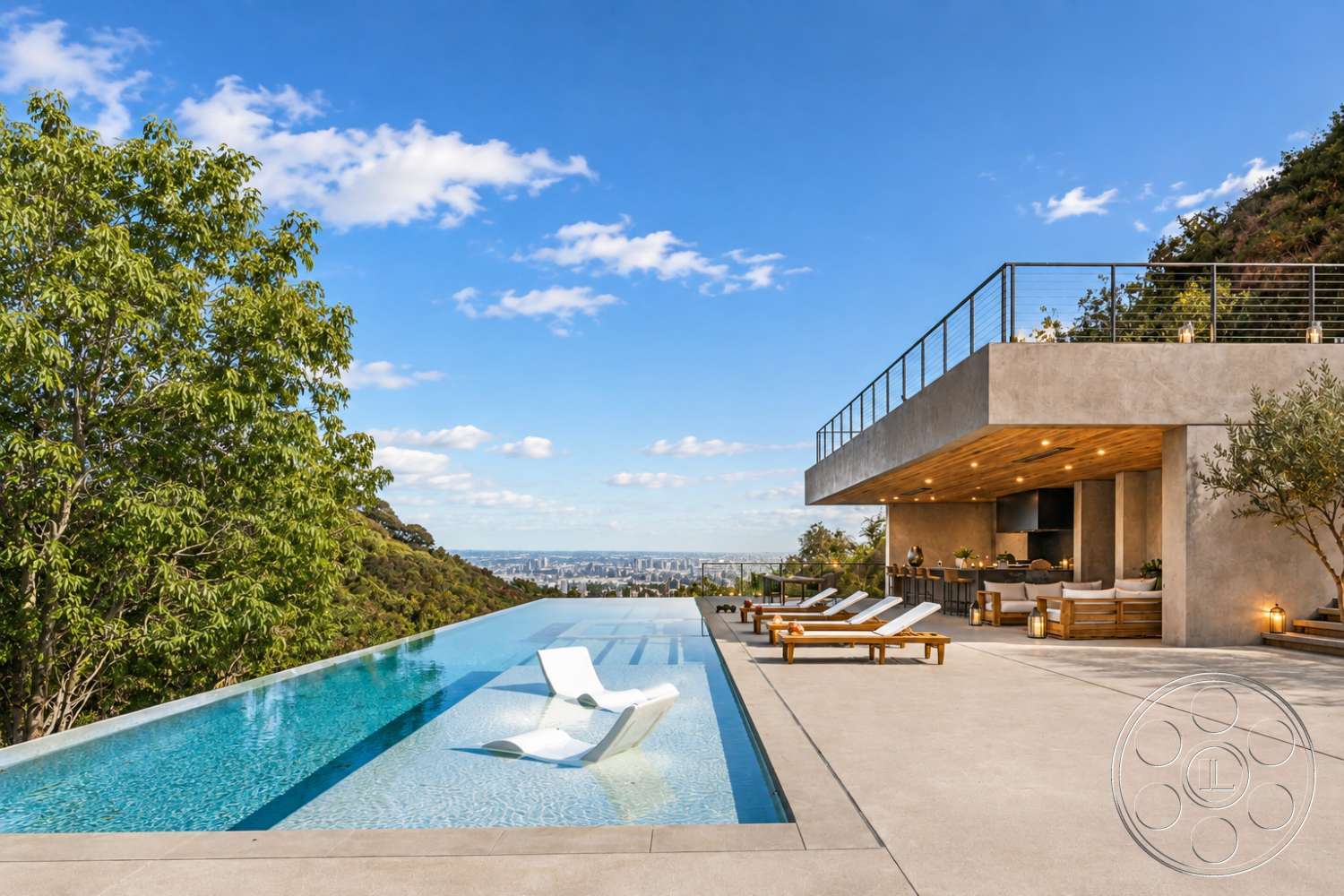 Modern 527 - open space layout, minimalist design elements, sliding glass doors, floor-to-ceiling windows, infinity pool, modern outdoor lounge area, contemporary architectural style, mountain view setting, concrete patio flooring, wood deck patio, exposed wood ceiling, interior outdoor kitchen area, stone landscape features