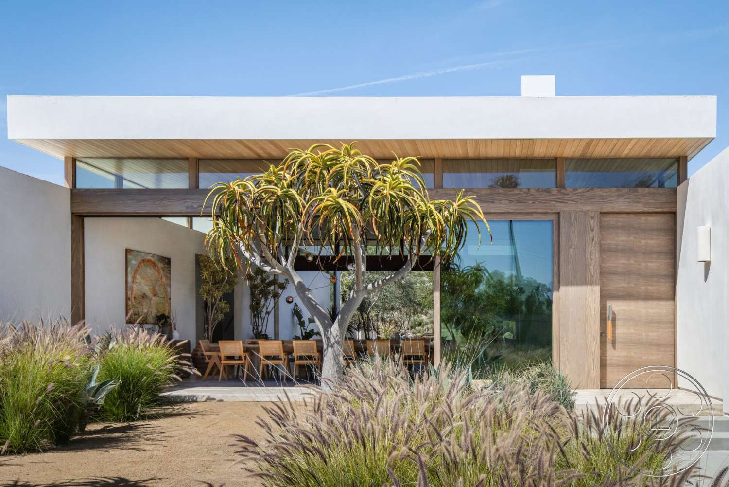 Modern 529 - exterior, white stucco walls, floor-to-ceiling windows, minimalist architecture, wooden front door, concrete patio floor, modern home facade, desert plants landscaping, desert landscape setting, open wood beam ceiling