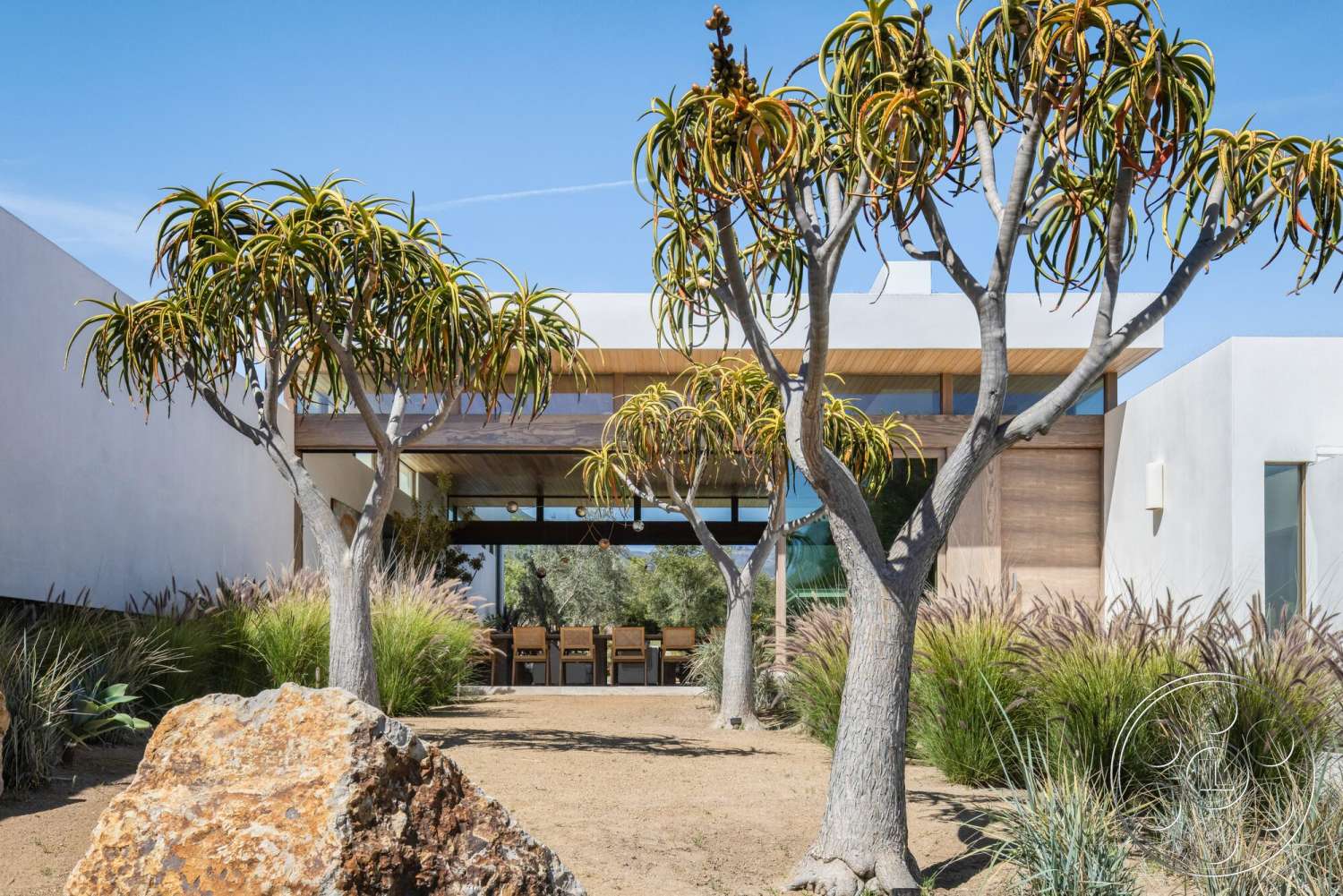 Modern 529 - exterior, floor-to-ceiling windows, gravel pathway, desert plants, modern farmhouse style, flat roof design, natural stone boulders, wood paneling accent wall, rock garden features, desert landscape setting, rounded tree trunks, wooden outdoor dining area