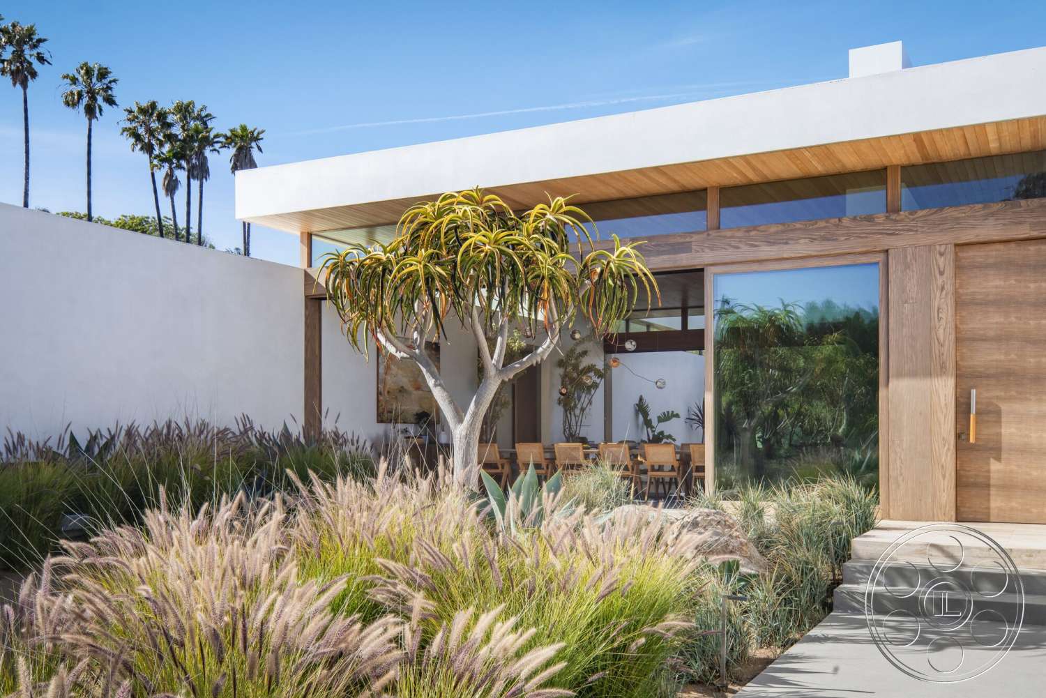 Modern 529 - large windows, exterior, white stucco walls, glass sliding doors, patio seating area, tropical trees, wood front door, open dining area, decorative grasses, palm trees view, landscaped garden area, modern architectural design, concrete entry steps, wood soffit ceiling