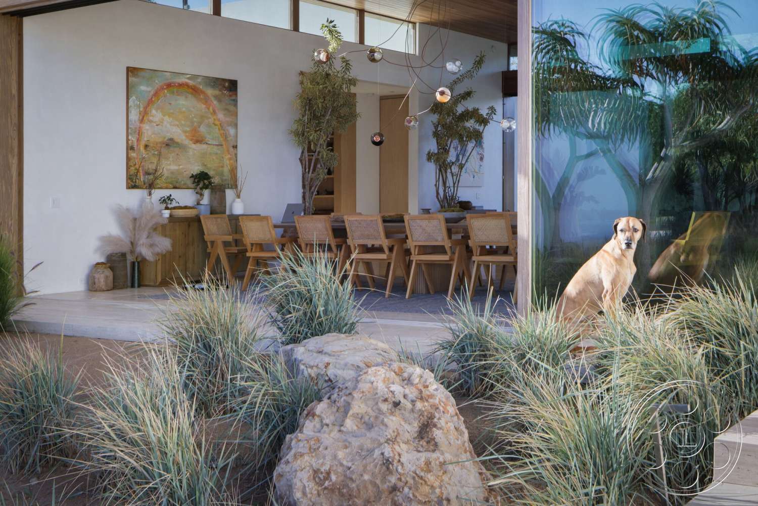 Modern 529 - exterior, open floor plan, modern lighting fixtures, wood dining table, outdoor seating area, artwork on wall, wood accent wall, desert landscaping, woven dining chairs, concrete patio flooring, floor-to-ceiling glass walls, natural stone garden feature, greenery with ornamental grasses