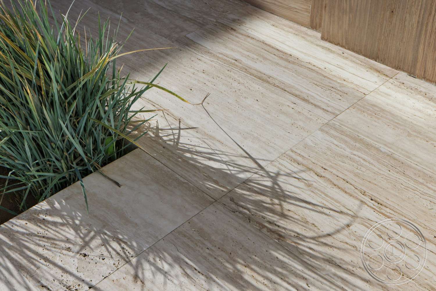 Modern 529 - textured stone surface, landscaped planter area, natural light shadows, travertine floor tiles, rectangular travertine patio flooring, ornamental grass planting