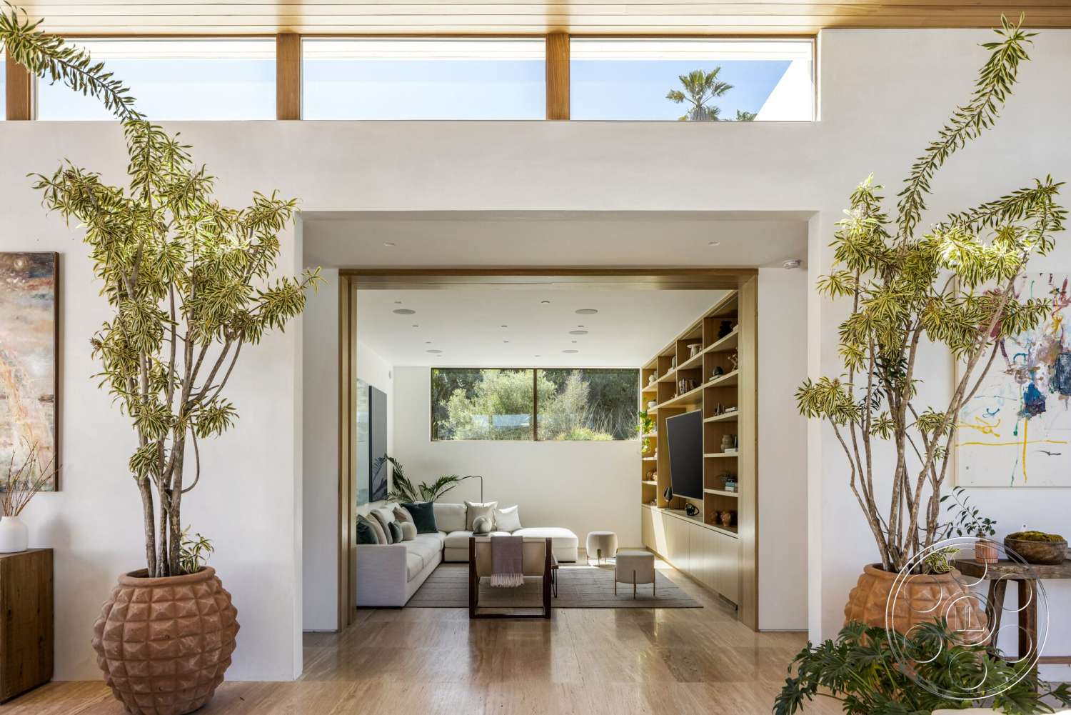 Modern 529 - neutral color palette, exterior, indoor plants, light hardwood flooring, minimalist design elements, living room area, sliding glass doors, concrete walls, floor-to-ceiling windows, wooden ceiling beams, open floor plan layout, natural light ambiance, wood shelving units, textured planter pots, modern art on walls