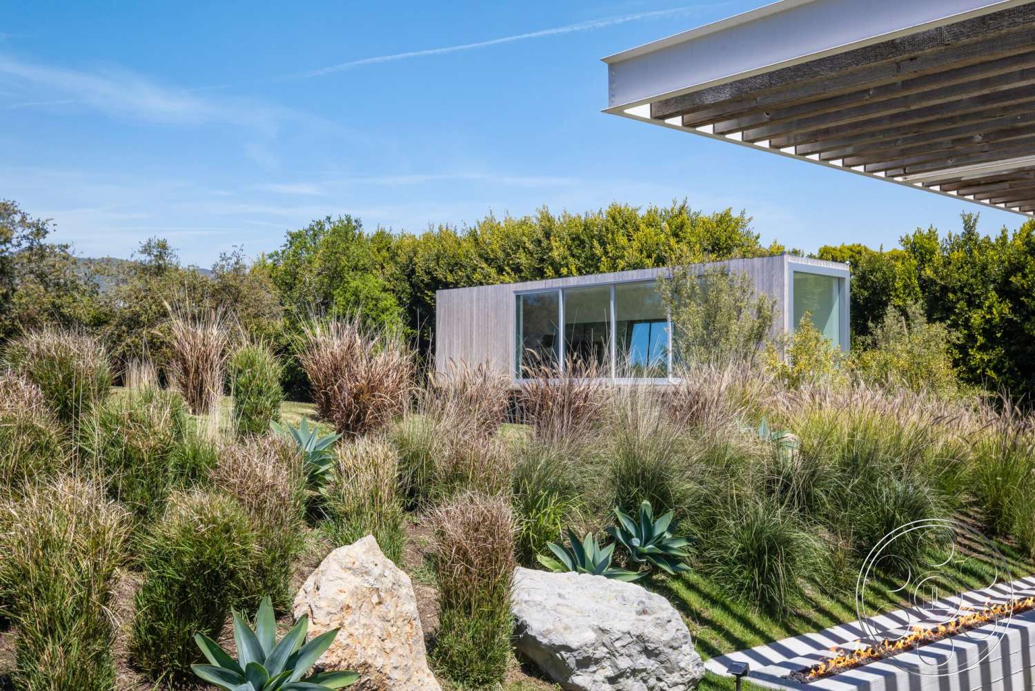 Modern 529 - exterior, flat roof, large glass windows, concrete pathways, modern architectural style, open outdoor space, textured wood cladding, porous stone landscaping rocks, native ornamental grasses, succulent plant beds, geometric patio design, green hillside location