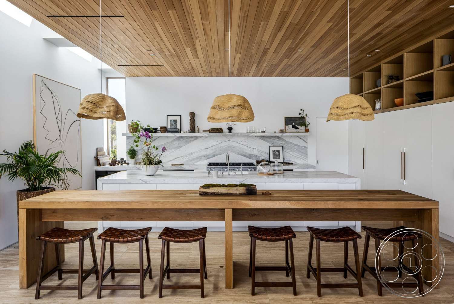 Modern 529 - minimalist decor, indoor plants, open concept layout, white cabinetry, contemporary kitchen, marble kitchen backsplash, natural light windows, flush mount ceiling lights, wood ceiling planks, solid wood dining table, woven fabric stools, textured surface finish