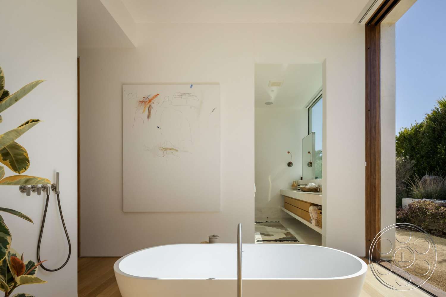 Modern 529 - natural light, contemporary design, textured wall art, indoor plants, minimalist aesthetic, light wood flooring, large glass windows, open-concept layout, modern bathroom design, white painted walls, freestanding soaking tub, exposed wooden door frame, stylish plumbing fixtures, wall-mounted bathroom vanity