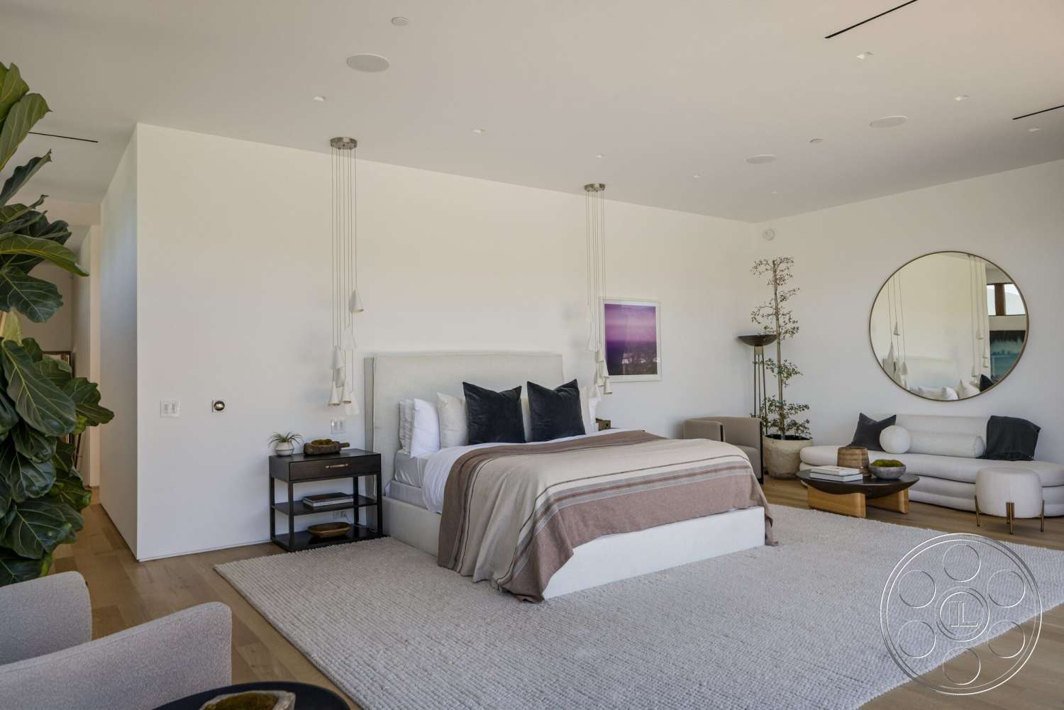 Modern 529 - neutral color palette, textured area rug, large windows for natural light, soft lighting fixtures, stylish coffee table, hardwood bedroom floors, minimalist bedside table, white painted walls, decorative throw blanket, indoor plant accents, fabric upholstered bed, round wall mirror, modern accent chair, contemporary sofa, ceiling speakers