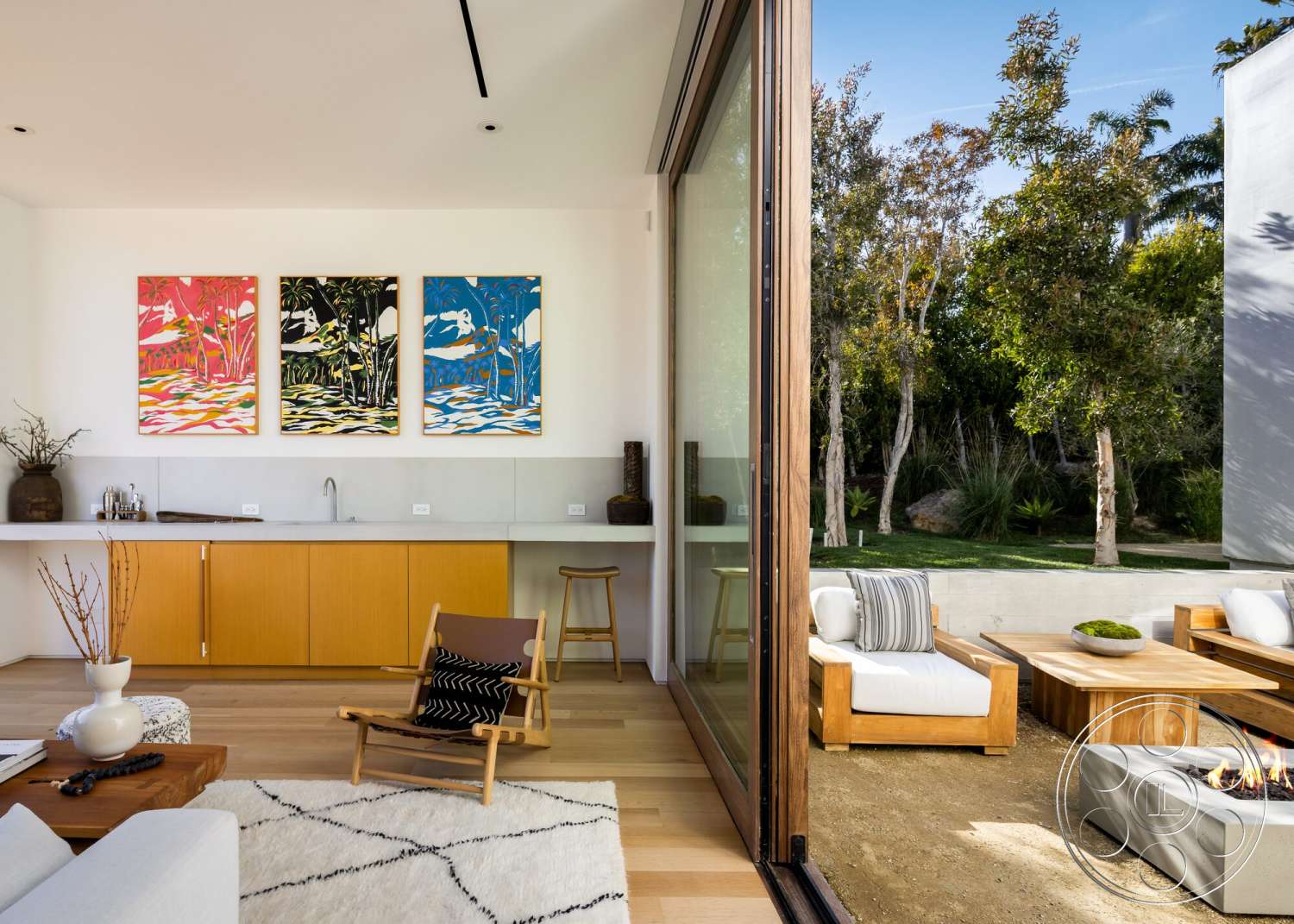 Modern 529 - minimalist decor, hardwood flooring, decorative vase, textured area rug, colorful wall art, landscaped garden view, outdoor living space, contemporary dining area, white painted walls, concrete fire pit, floor-to-ceiling glass doors, concrete kitchen countertops, wooden outdoor seating, modern chair design, flat-panel wooden kitchen cabinets